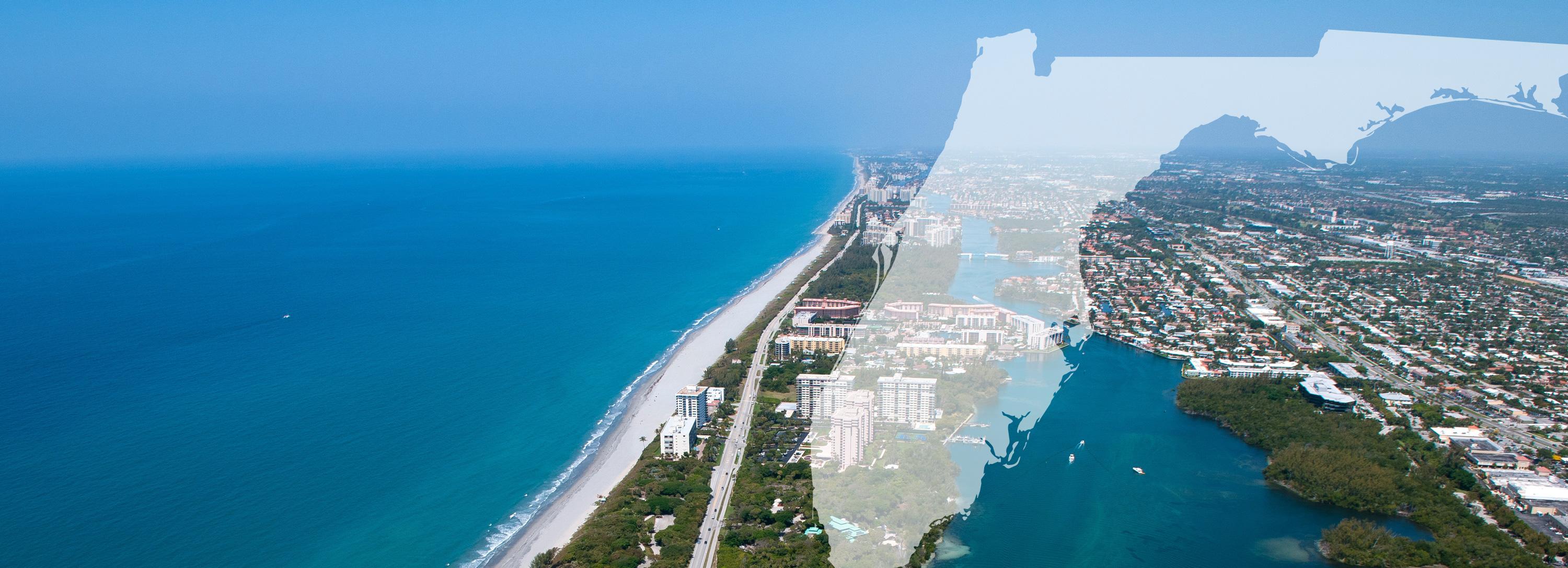 Aerial view of east Boca Raton with an overlay of the Florida Peninsula